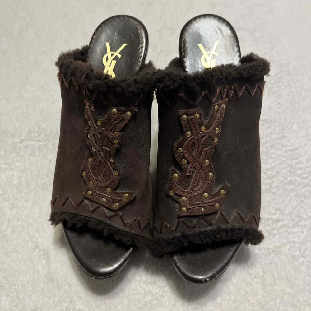 Yves Saint Laurent Megeve Slide Wedge Clog Brown Shearling